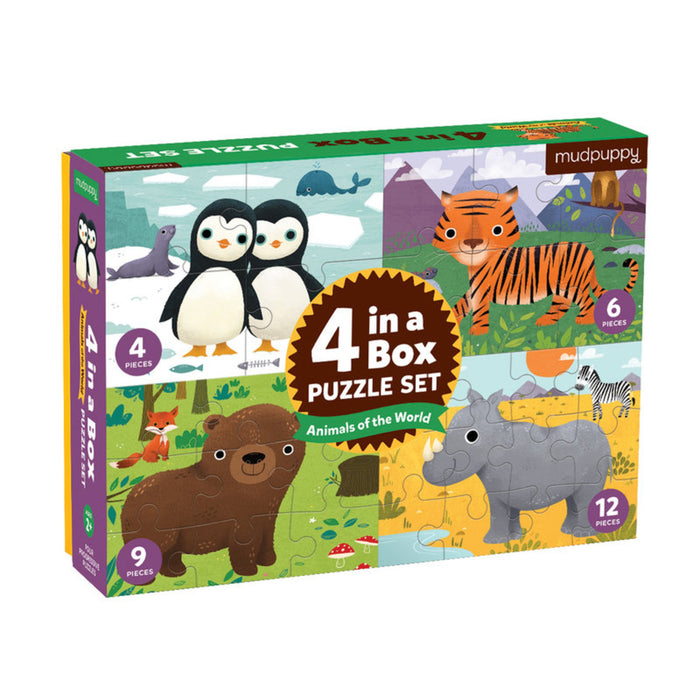 MUD - Animals of The World 4-in-a-Box Progressive Puzzle Set (4, 6, 9, 12pc)