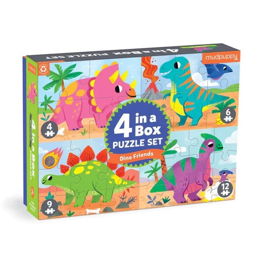MUD - Dino Friends 4-in-a-Box Puzzle Set (4, 6, 9, 12pc)