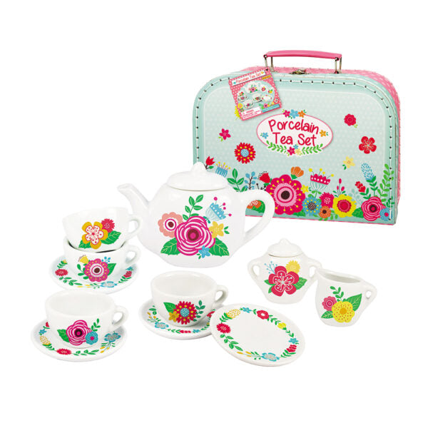 13pc. Floral Porcelain Tea Set in Carry Case